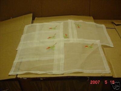 Vintage Napkins White Linen Embroidery Rose grn/red (6)  