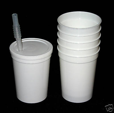 12 White Plastic Drinking Glasses Lids Straws Cups