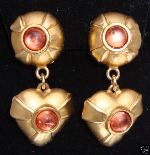 Vintage Clip Back Heart Pendant Earrings Signed Dubin  