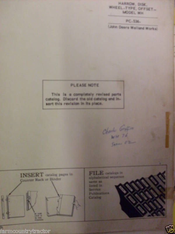 John Deere WH Harrow Disk Wheel Type Offset Part Manual  