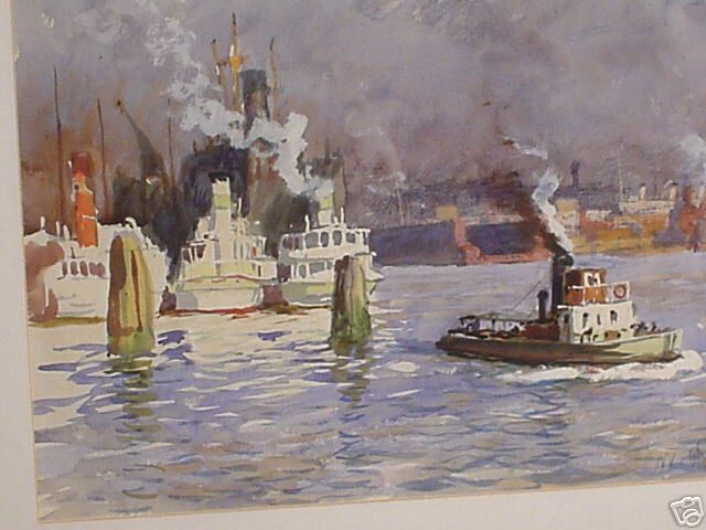 Aquarell W. BATTERMANN Hamburger Hafen Malerei  