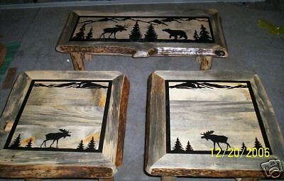 Rustic Blue Pine Log Coffee & End Table Set w/ Moose & Bear Wildlife 