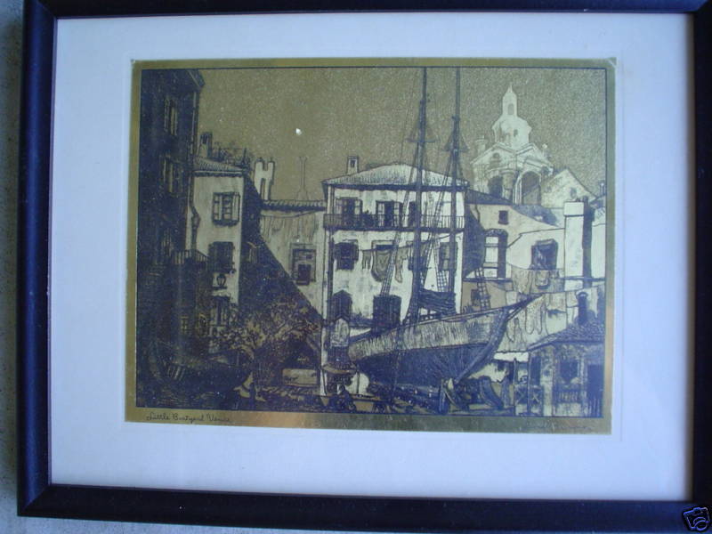 Old Gold Foil Lionel Barrymore Print Boatyard Venice  