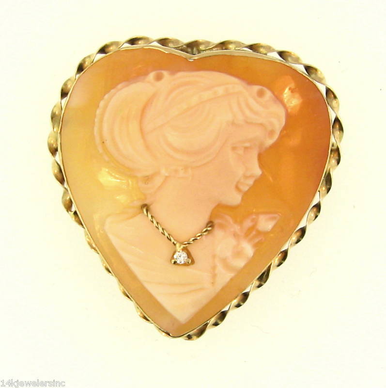 14K Gold Heart Cameo Pendant/Pin with Diamond Accent  