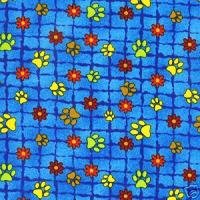 DOGGIE WORLD cotton quilt fabric FLOWERS PAW PRINTS blu  