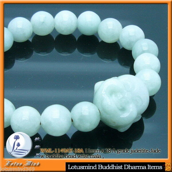 Grade Jadeitite Jade 11mmx18 wrist Mala Buddha head  