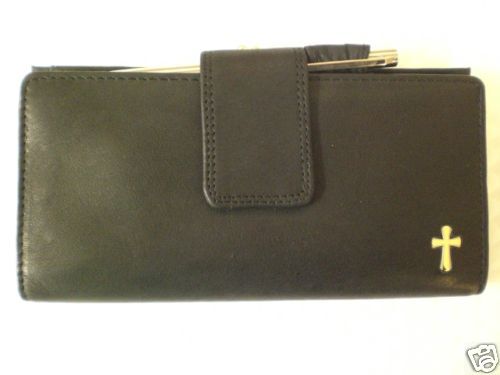 ROLFS TAB FRAME BACK BLACK LEATHER CLUTCH W/CROSS NEW  