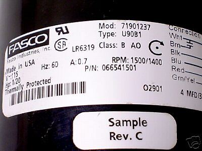 Fasco 066541501 1500/1400 RPM 1/20 HP Electric Motor  