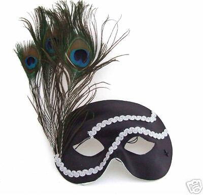 Black Face Mask Silver and Peacock Feathers Mardi Gras  