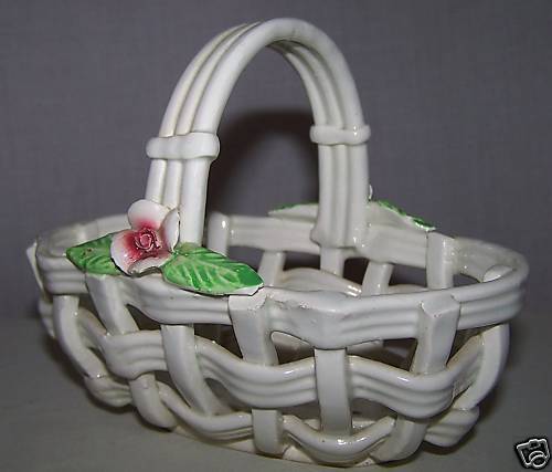 Vintage Ceramic/Pottery WOVEN BASKET W/FLOWERS SPAIN  