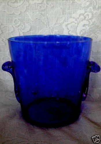 Beautiful Cobalt Blue Blown Glass Ice Bucket w/Handles  