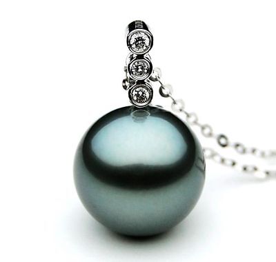 Perfect Round 11.8 12mm AAA Quality Tahitian Black pearl pendant set 