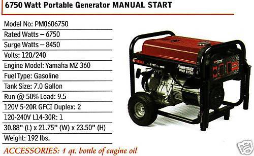6750 Watt Portable Powermate Generator Manual Start NEW  